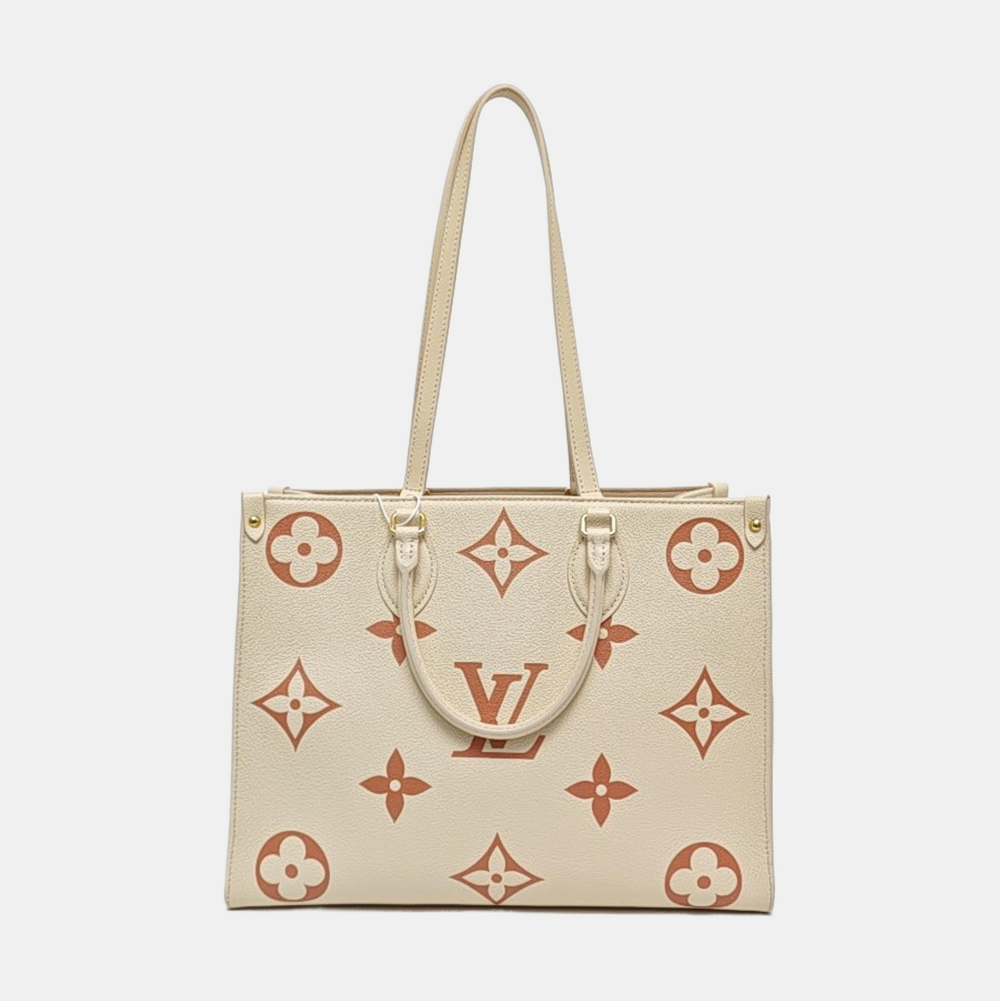 LOUIS VUITTON ONTHEGO Medium Beige Calfskin Monogram Embossed Jungle Bag Shoulder Bag Tote Bag Golden Hardware-(SKU)-969458373