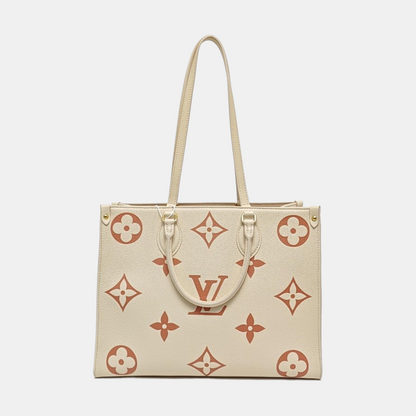 LOUIS VUITTON ONTHEGO Medium Beige Calfskin Monogram Embossed Jungle Bag Shoulder Bag Tote Bag Golden Hardware-(SKU)-969458373