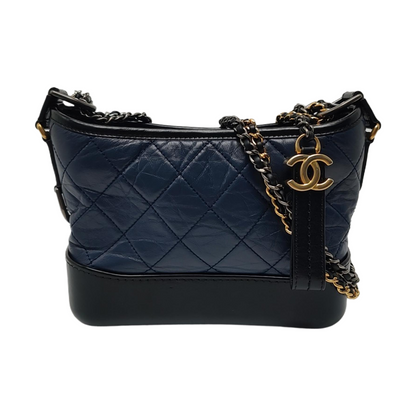 CHANEL GABRIELLE Small Deep Blue Calfskin Leather Quilted Hobo Shoulder Bag 28 Clasp Gold Silver Rhodium Hardware Removable Shoulder Strap-(SKU)-969331059