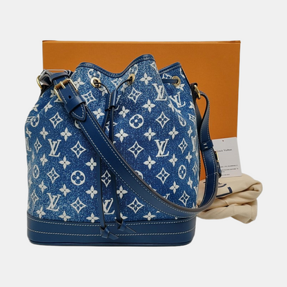LOUIS VUITTON NOÉ Large Blue Denim Monogram Bucket Bag Crossbody Shoulder Bag Gold Hardware Removable Shoulder Strap Full Accessories-(SKU)-969550979