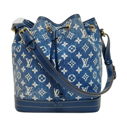 LOUIS VUITTON NOÉ Large Blue Denim Monogram Bucket Bag Crossbody Shoulder Bag Gold Hardware Removable Shoulder Strap Full Accessories-(SKU)-969550979
