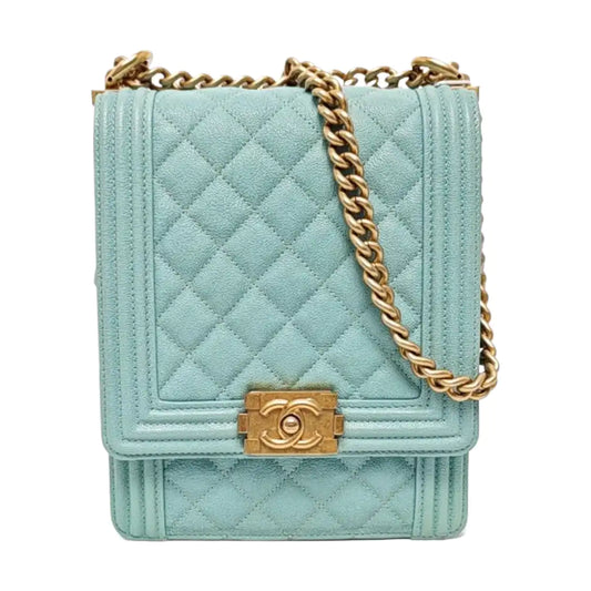 CHANEL BOY CHANEL Sky Blue Calfskin Quilted Shoulder Bag Crossbody Bag with Gold Hardware-(SKU)-968841700