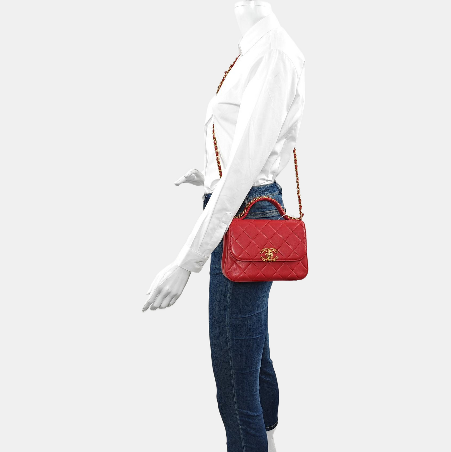 CHANEL CHAIN INFINITY TOP HANDLE Medium Size Red Grained Leather Quilted Shoulder Bag Handbag Crossbody Bag Detachable Strap Golden Hardware 28cm-(SKU)-969743804