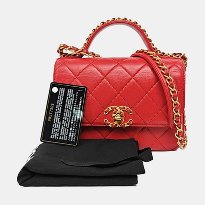 CHANEL CHAIN INFINITY TOP HANDLE Medium Size Red Grained Leather Quilted Shoulder Bag Handbag Crossbody Bag Detachable Strap Golden Hardware 28cm-(SKU)-969743804
