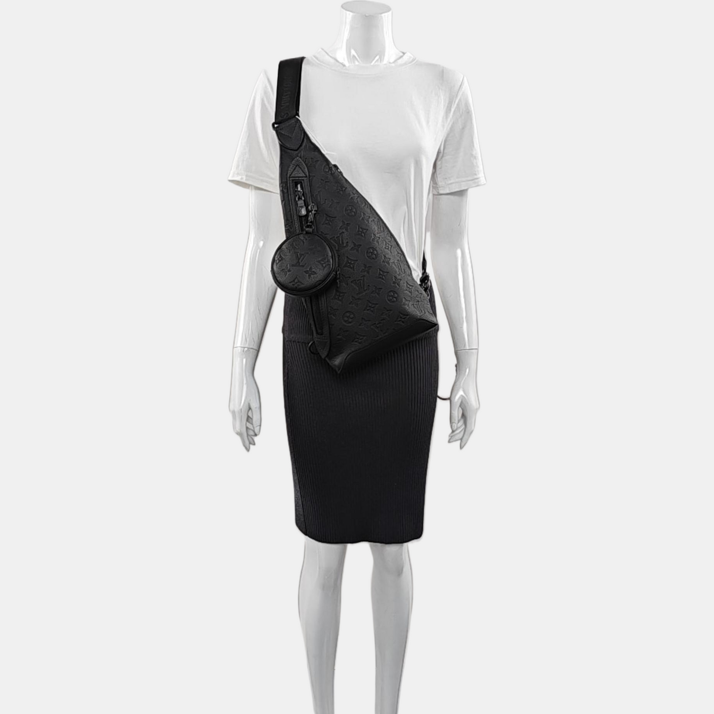 LOUIS VUITTON DUO Black Calfskin Monogram Embossed Crossbody Shoulder Bag with Black Hardware, Pouch-(SKU)-969654004