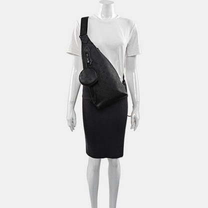 LOUIS VUITTON DUO Black Calfskin Monogram Embossed Crossbody Shoulder Bag with Black Hardware, Pouch-(SKU)-969654004
