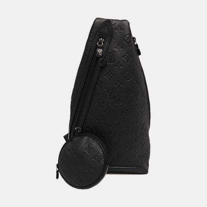 LOUIS VUITTON DUO Black Calfskin Monogram Embossed Crossbody Shoulder Bag with Black Hardware, Pouch-(SKU)-969654004