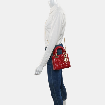 DIOR Lady Dior Mini Red Patent Leather Quilted Cannage Three-Panel Single Shoulder Bag Handbag Crossbody Bag Gold Hardware Removable Shoulder Strap-(SKU)-969715259