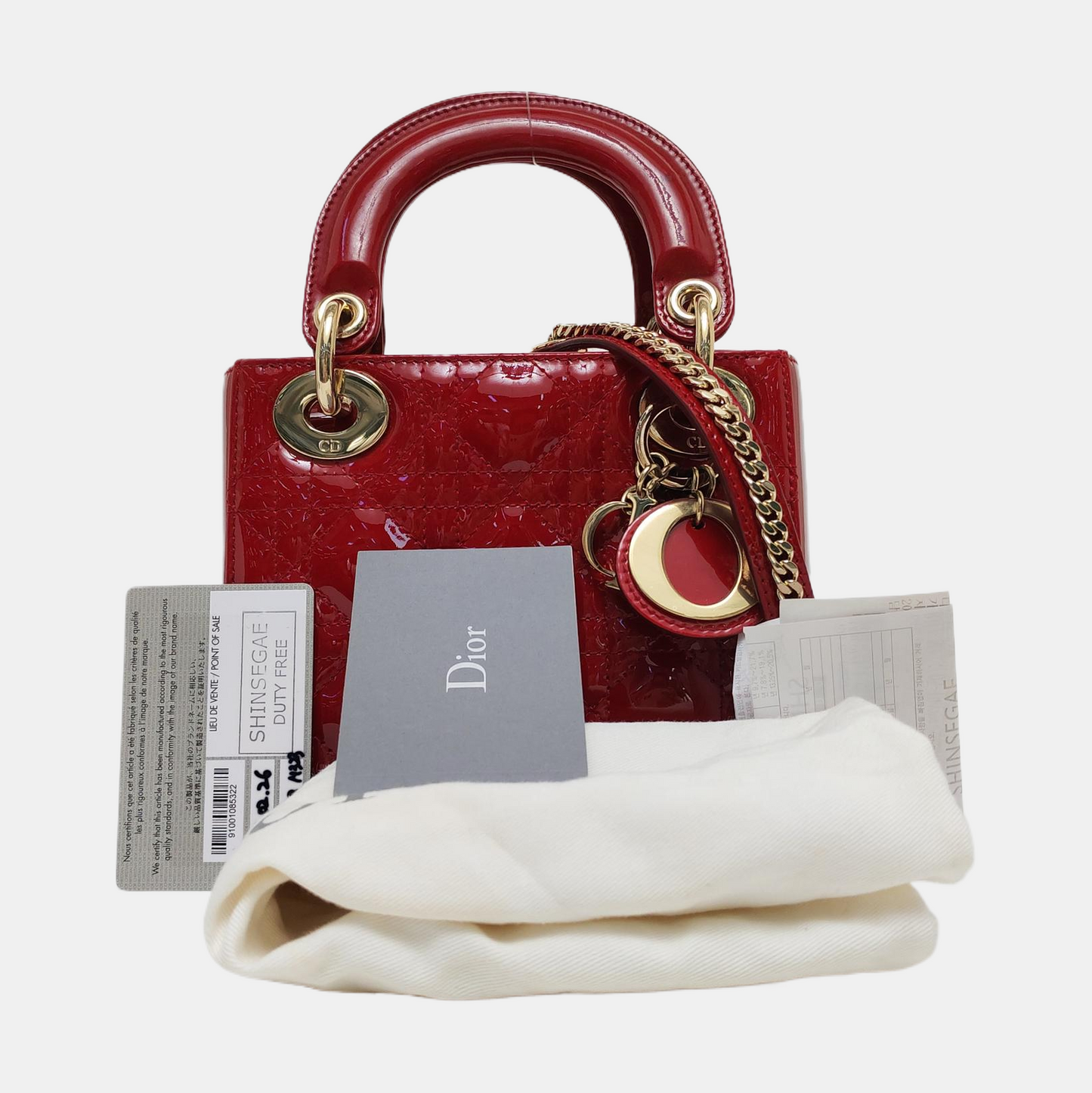 DIOR Lady Dior Mini Red Patent Leather Quilted Cannage Three-Panel Single Shoulder Bag Handbag Crossbody Bag Gold Hardware Removable Shoulder Strap-(SKU)-969715259