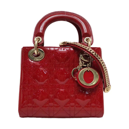 DIOR Lady Dior Mini Red Patent Leather Quilted Cannage Three-Panel Single Shoulder Bag Handbag Crossbody Bag Gold Hardware Removable Shoulder Strap-(SKU)-969715259