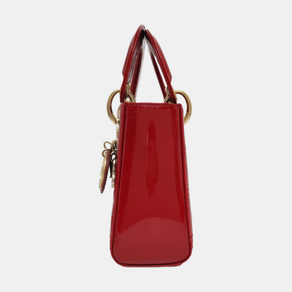 DIOR Lady Dior Mini Red Patent Leather Quilted Cannage Three-Panel Single Shoulder Bag Handbag Crossbody Bag Gold Hardware Removable Shoulder Strap-(SKU)-969715259