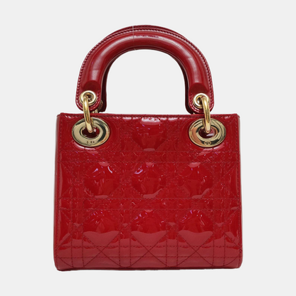 DIOR Lady Dior Mini Red Patent Leather Quilted Cannage Three-Panel Single Shoulder Bag Handbag Crossbody Bag Gold Hardware Removable Shoulder Strap-(SKU)-969715259