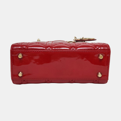 DIOR Lady Dior Mini Red Patent Leather Quilted Cannage Three-Panel Single Shoulder Bag Handbag Crossbody Bag Gold Hardware Removable Shoulder Strap-(SKU)-969715259