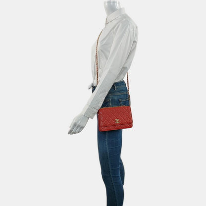 CHANEL WOC Red Lamb Skin Quilted Shoulder Bag Crossbody Bag Golden Hardware 22 Clasp-(SKU)-969580158