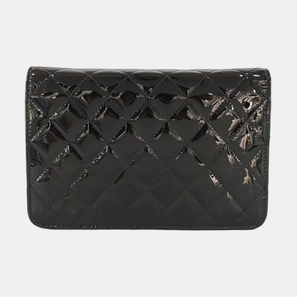 CHANEL WOC Black Patent Leather Quilted Crossbody and Single Shoulder Bag with Silver Hardware, 18 Clasps-(SKU)-969632821