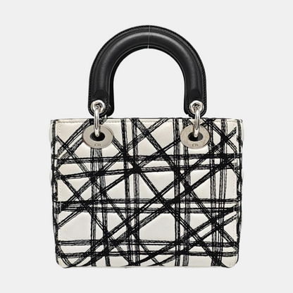 DIOR Lady Dior White Lamb Leather Printed Shoulder Bag Crossbody Bag Silver Hardware Removable Strap-(SKU)-969826731