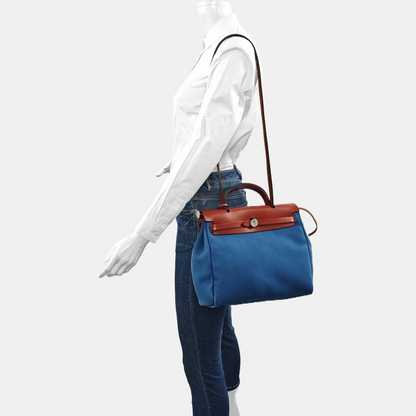 HERMÈS Herbag 31 Sea Blue Canvas Single Shoulder Bag Tote Bag Silver Hardware D Detachable Strap-(SKU)-969826701