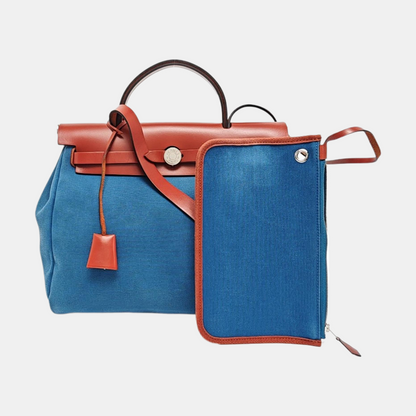 HERMÈS Herbag 31 Sea Blue Canvas Single Shoulder Bag Tote Bag Silver Hardware D Detachable Strap-(SKU)-969826701