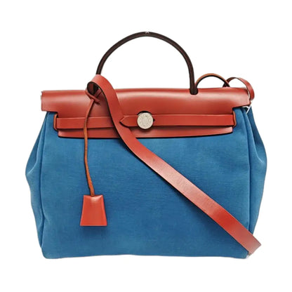 HERMÈS Herbag 31 Sea Blue Canvas Single Shoulder Bag Tote Bag Silver Hardware D Detachable Strap-(SKU)-969826701