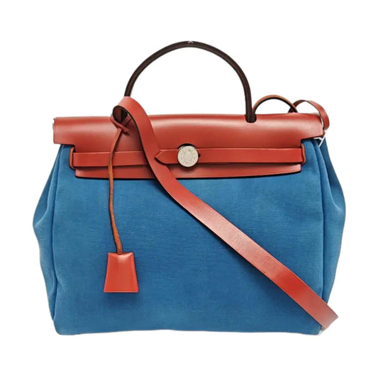 HERMÈS Herbag 31 Sea Blue Canvas Single Shoulder Bag Tote Bag Silver Hardware D Detachable Strap-(SKU)-969826701