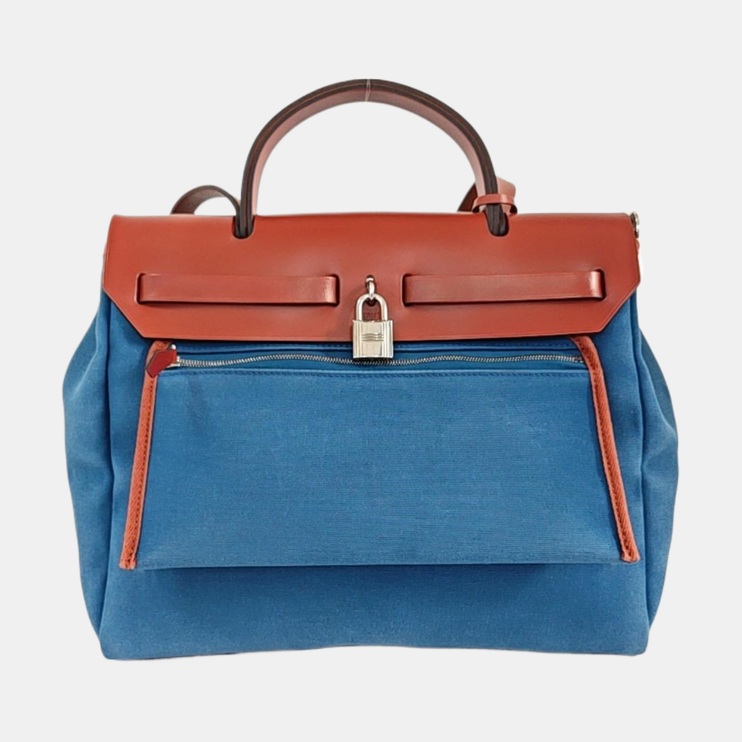 HERMÈS Herbag 31 Sea Blue Canvas Single Shoulder Bag Tote Bag Silver Hardware D Detachable Strap-(SKU)-969826701