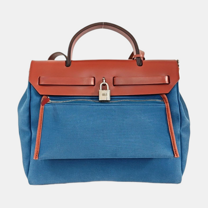 HERMÈS Herbag 31 Sea Blue Canvas Single Shoulder Bag Tote Bag Silver Hardware D Detachable Strap-(SKU)-969826701