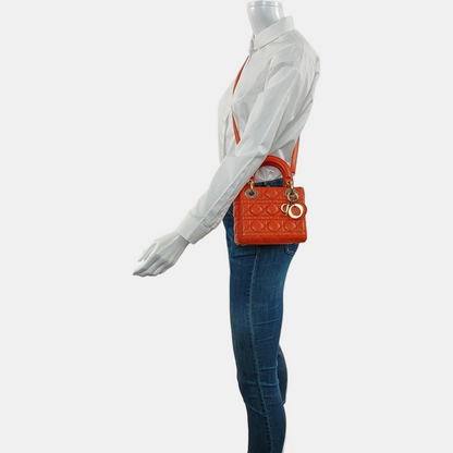 DIOR Lady Dior Mini Orange Lambskin Quilted Cannage Three Shoulder Bag, Crossbody Bag, Handbag with Detachable Strap-(SKU)-969826812