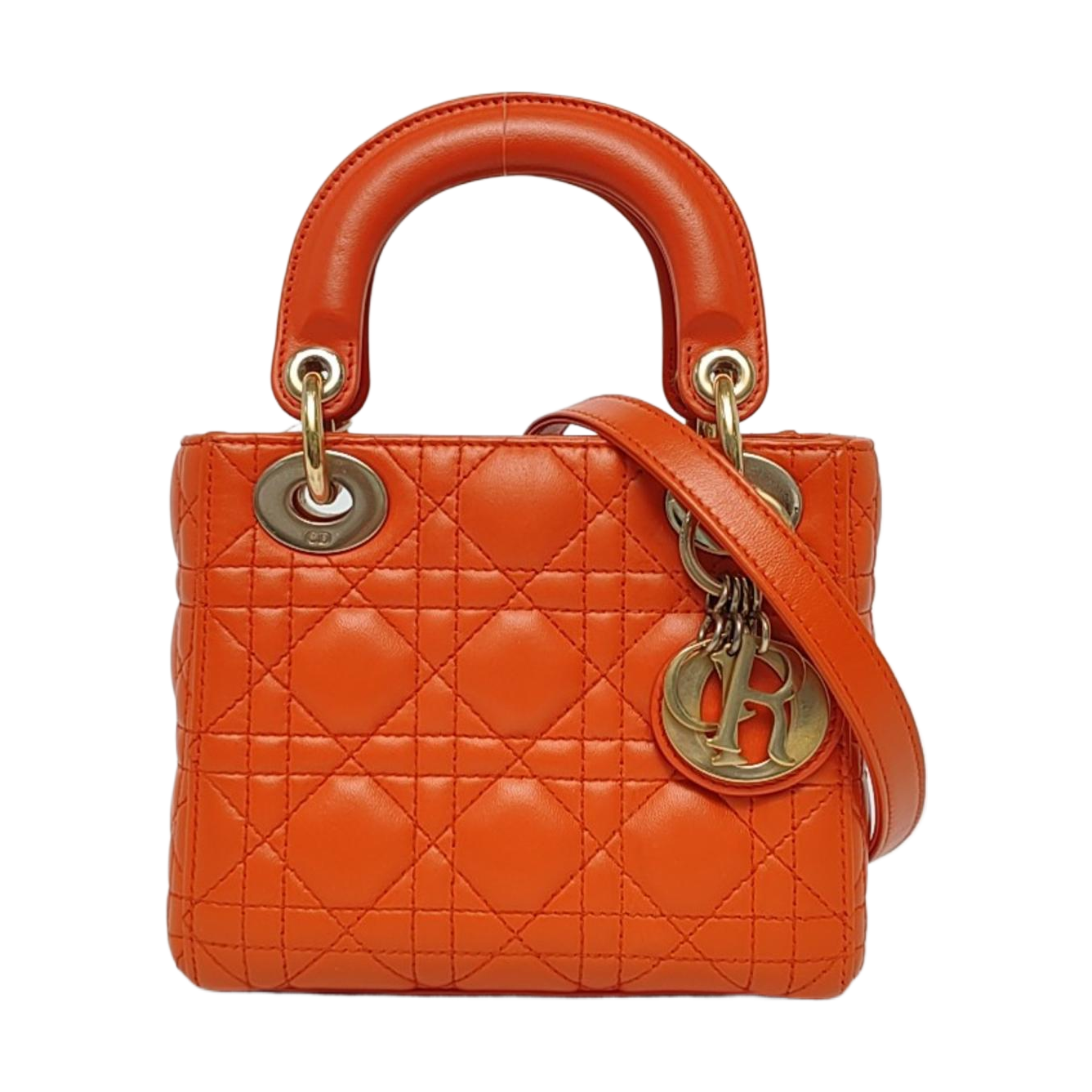 DIOR Lady Dior Mini Orange Lambskin Quilted Cannage Three Shoulder Bag, Crossbody Bag, Handbag with Detachable Strap-(SKU)-969826812