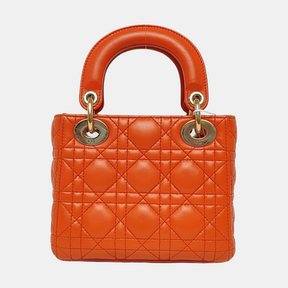 DIOR Lady Dior Mini Orange Lambskin Quilted Cannage Three Shoulder Bag, Crossbody Bag, Handbag with Detachable Strap-(SKU)-969826812