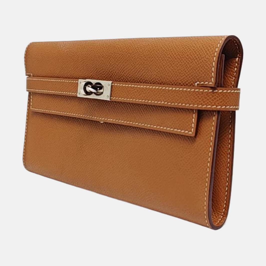 HERMÈS Kelly Gold Brown Epsom Calfskin Wallet with Silver Hardware D-(SKU)-969641631