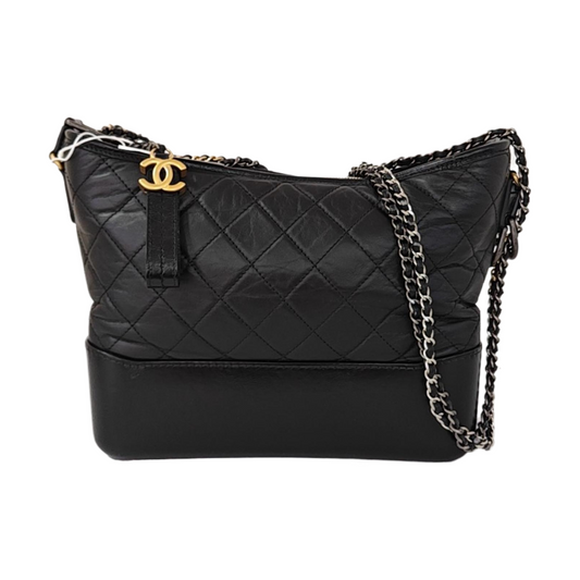 CHANEL GABRIELLE Medium Size Black Leather Quilted Crossbody Shoulder Bag Single Shoulder Bag Golden Silver Ruthenium Hardware 25 Clasp Removable Shoulder Strap-(SKU)-969766041