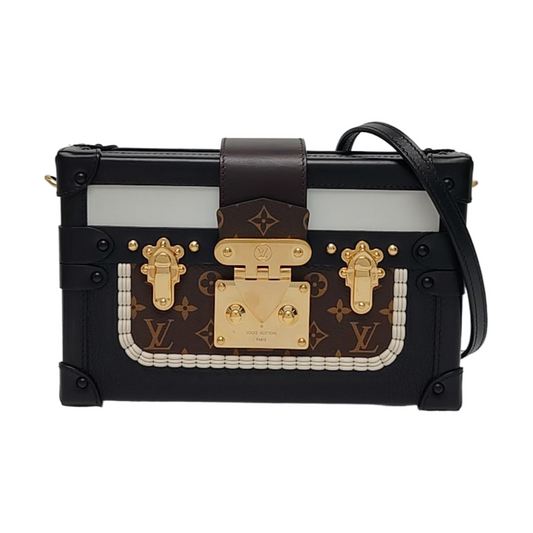 LOUIS VUITTON PETITE MALLE Dark Brown Calfskin Monogram Tote Bag Crossbody Shoulder Bag Gold Hardware Removable Strap-(SKU)-969538182