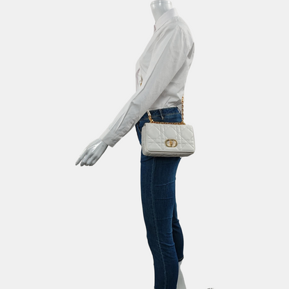 DIOR Dior Caro Small White Lamb Leather Monogram Embroidered Crossbody Shoulder Bag Golden Hardware Removable Strap-(SKU)-969973818