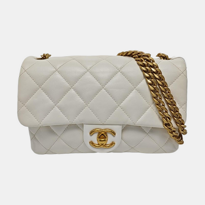 CHANEL CLASSIC FLAP white lambskin quilted diamond pattern crossbody bag shoulder bag gold hardware-(SKU)-969982719