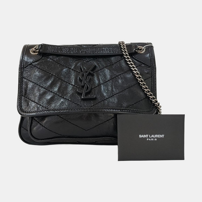 YSL NIKI Small Black Calfskin Quilted V-Shape Crossbody and Single Shoulder Bag with Black Ruthenium Hardware-(SKU)-969924683