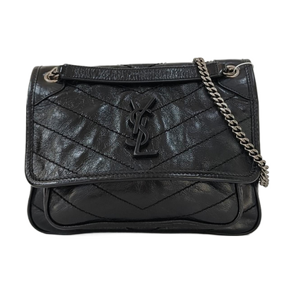 YSL NIKI Small Black Calfskin Quilted V-Shape Crossbody and Single Shoulder Bag with Black Ruthenium Hardware-(SKU)-969924683