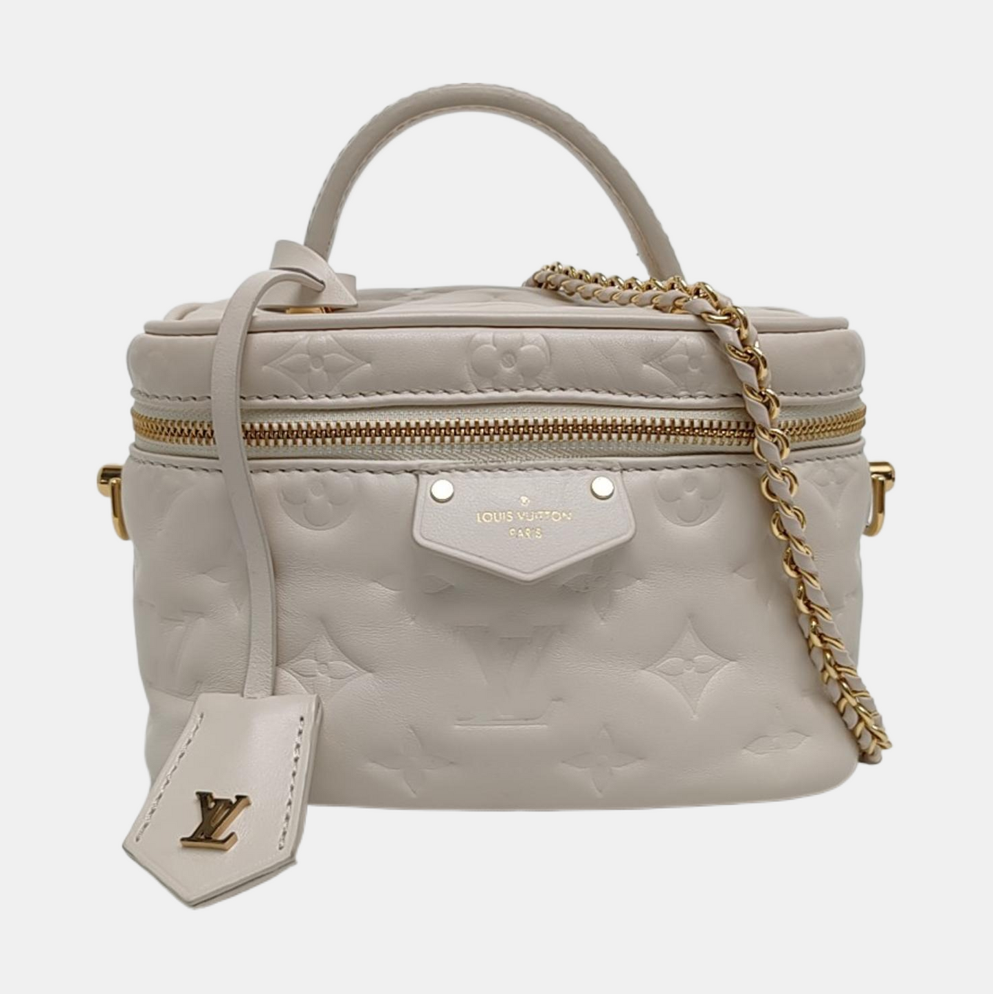 LOUIS VUITTON VANITY CHAIN POUCH Small White Monogrammed Lamb Leather Shoulder Bag with Detachable Strap-(SKU)-969880680