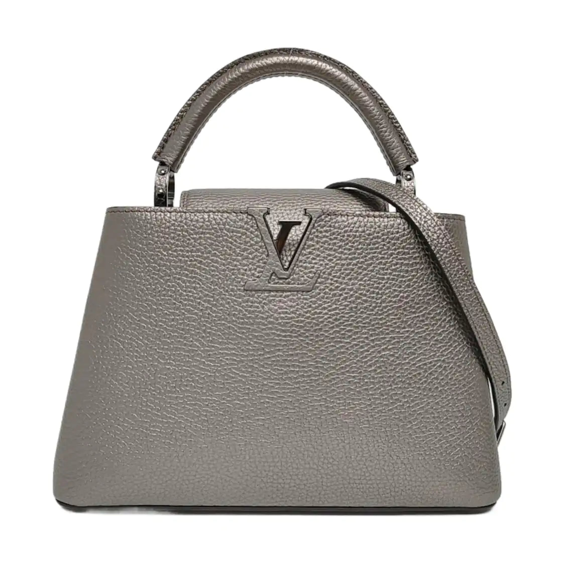 LOUIS VUITTON CAPUCINES Small Size Silver Calfskin Capucines Single Shoulder Bag with Silver Hardware Removable Shoulder Strap-(SKU)-969826405