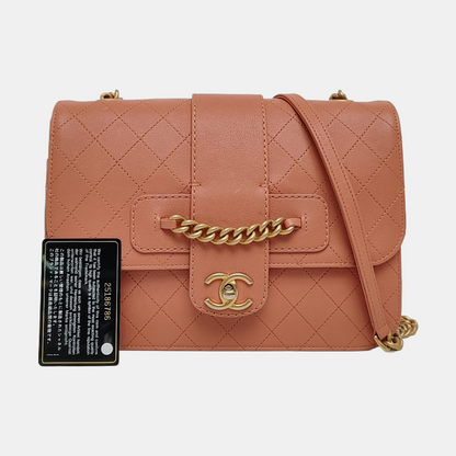 CHANEL FRONT CHAIN FLAP BAG Orange Pink Lamb Skin Quilted Shoulder Bag Tote Bag Crossbody Golden Hardware 25cm-(SKU)-969717289