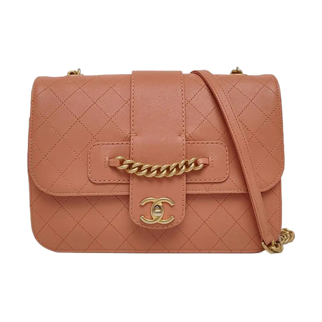 CHANEL FRONT CHAIN FLAP BAG Orange Pink Lamb Skin Quilted Shoulder Bag Tote Bag Crossbody Golden Hardware 25cm-(SKU)-969717289