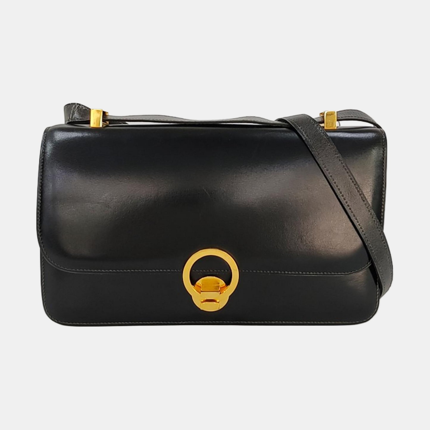 HERMÈS Sac Ring 26 Black BOX Leather Single Shoulder Bag with Gold Hardware Ⓙ Vintage-(SKU)-969780676