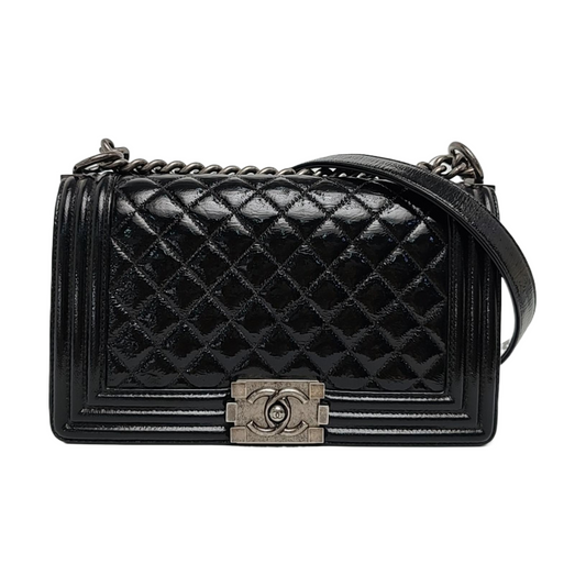 CHANEL BOY CHANEL Medium Size Black Patent Calfskin Monogram Shoulder Bag, Crossbody with Detachable Strap, Ruthenium-Colored Hardware, 19 Clasps-(SKU)-969782538