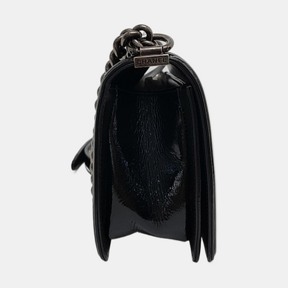 CHANEL BOY CHANEL Medium Size Black Patent Calfskin Monogram Shoulder Bag, Crossbody with Detachable Strap, Ruthenium-Colored Hardware, 19 Clasps-(SKU)-969782538