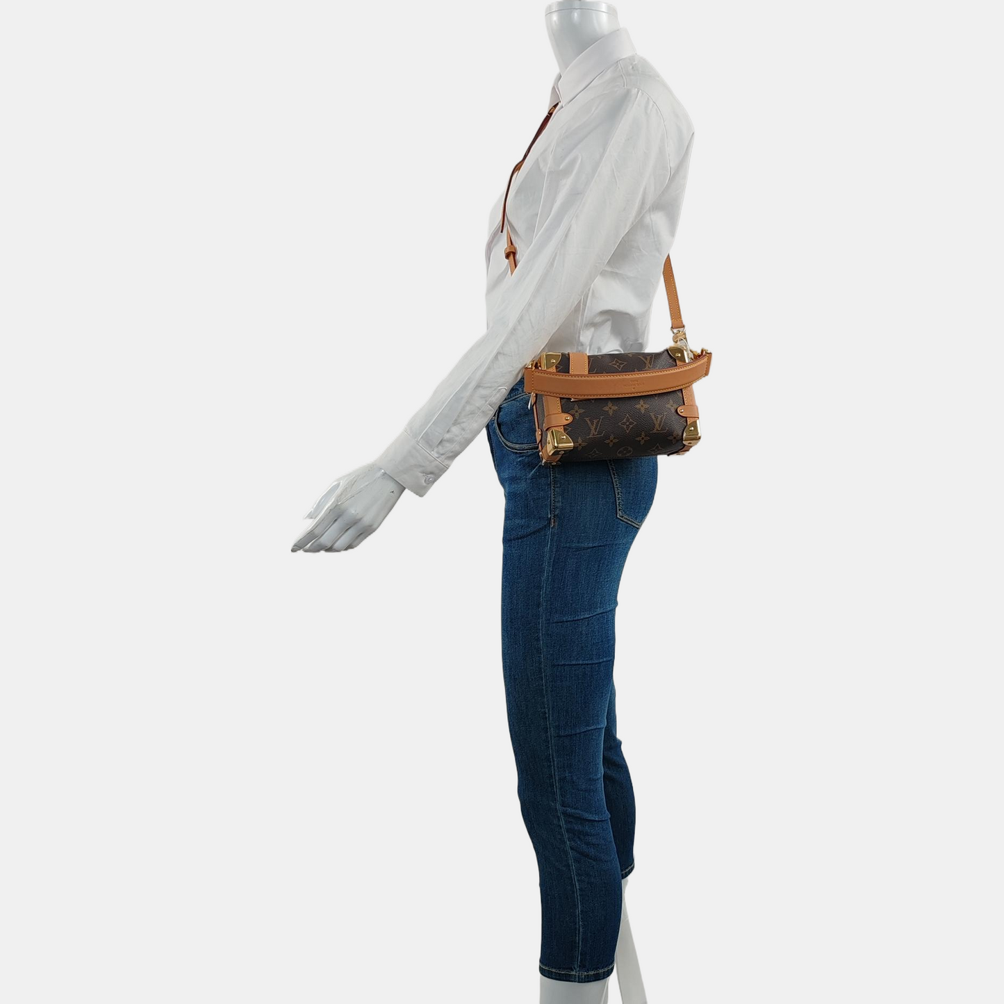 LOUIS VUITTON SIDE TRUNK Small Size Brown Coated Canvas Monogram Stud Soft Box Single Shoulder Bag Tote Bag Crossbody Bag with Detachable Straps-(SKU)-969906636