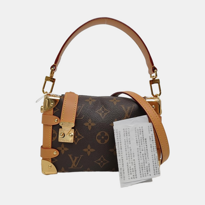 LOUIS VUITTON SIDE TRUNK Small Size Brown Coated Canvas Monogram Stud Soft Box Single Shoulder Bag Tote Bag Crossbody Bag with Detachable Straps-(SKU)-969906636