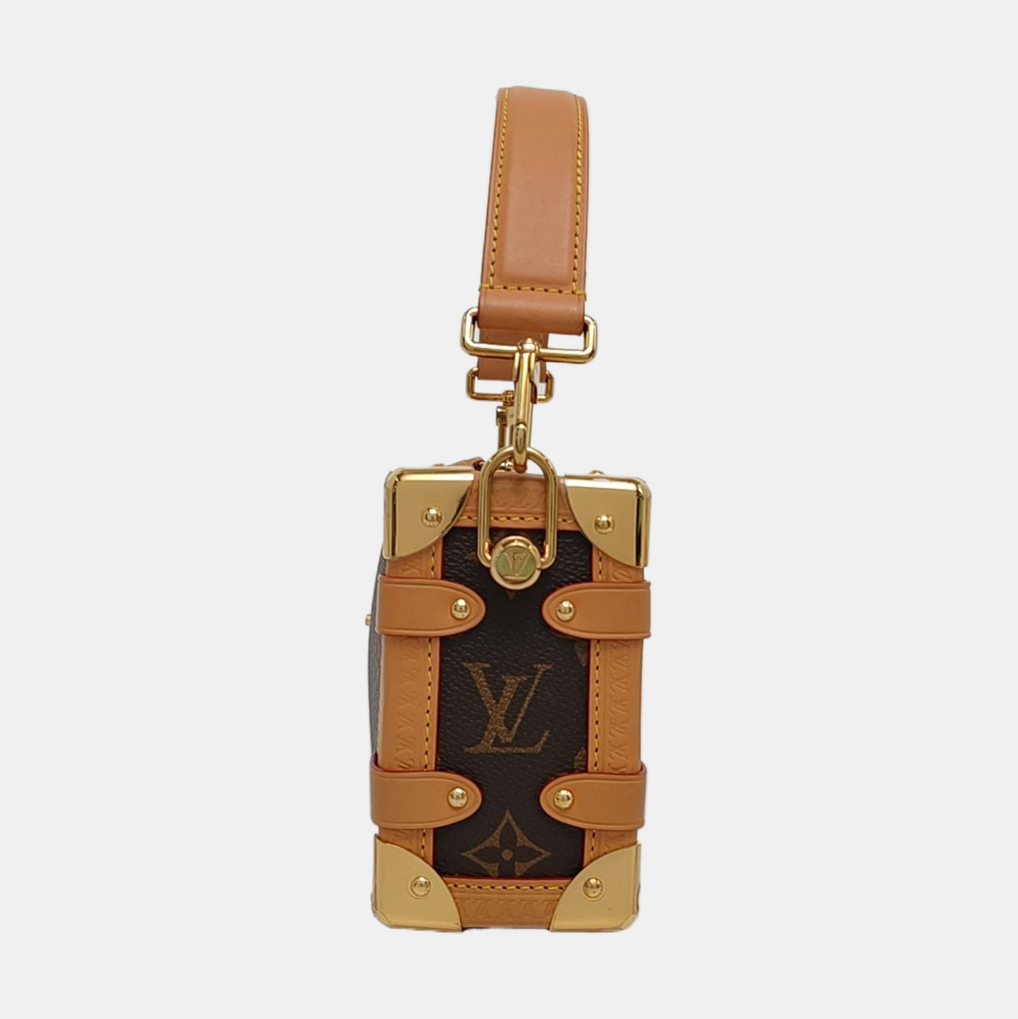 LOUIS VUITTON SIDE TRUNK Small Size Brown Coated Canvas Monogram Stud Soft Box Single Shoulder Bag Tote Bag Crossbody Bag with Detachable Straps-(SKU)-969906636