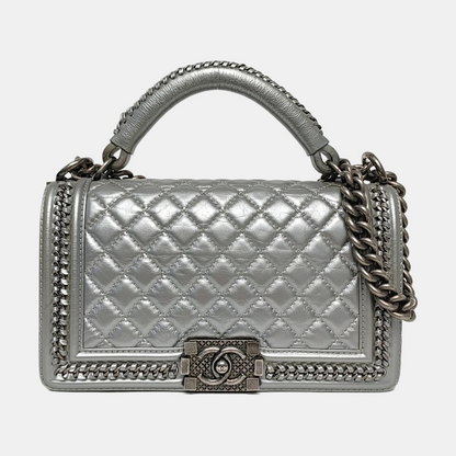 CHANEL BOY CHANEL Medium Silver Calfskin Quilted Shoulder Bag Crossbody Handbag Palladium Hardware 23 Clasp-(SKU)-969782038