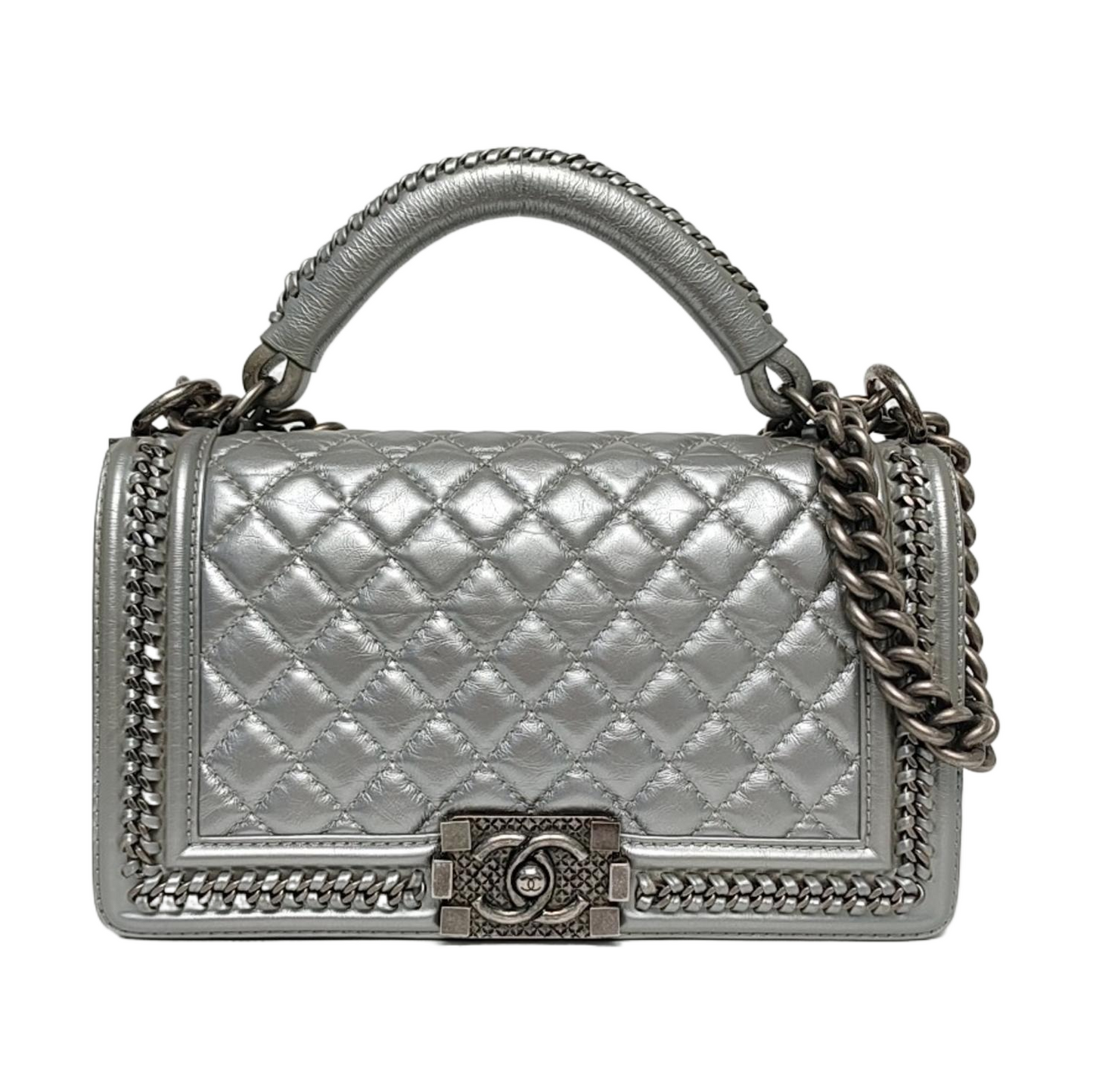 CHANEL BOY CHANEL Medium Silver Calfskin Quilted Shoulder Bag Crossbody Handbag Palladium Hardware 23 Clasp-(SKU)-969782038