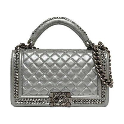 CHANEL BOY CHANEL Medium Silver Calfskin Quilted Shoulder Bag Crossbody Handbag Palladium Hardware 23 Clasp-(SKU)-969782038