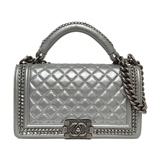 CHANEL BOY CHANEL Medium Silver Calfskin Quilted Shoulder Bag Crossbody Handbag Palladium Hardware 23 Clasp-(SKU)-969782038